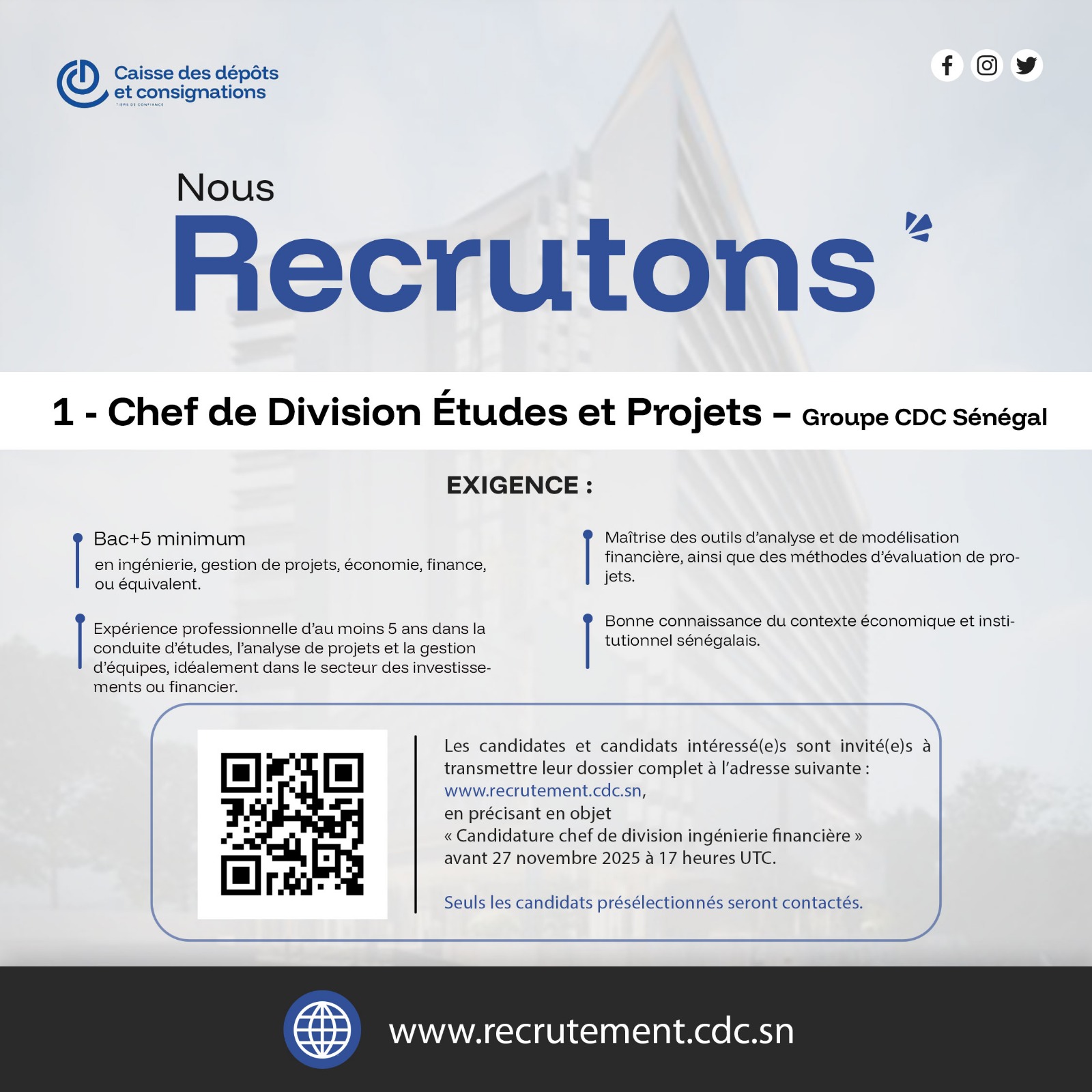 Chef de Division Études et Projets - Groupe CDC Sénégal