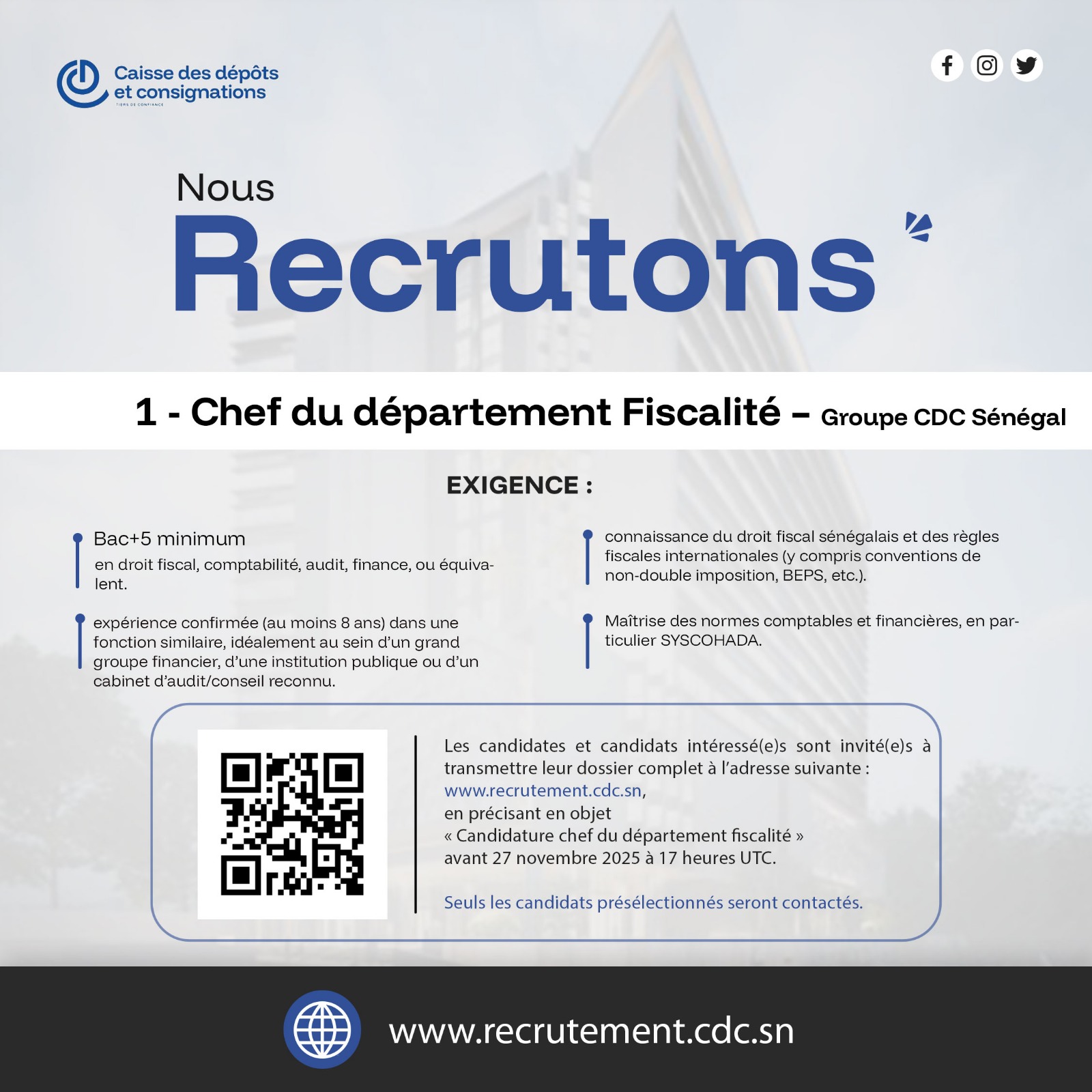 Chef du département Fiscalité - Groupe CDC Sénégal