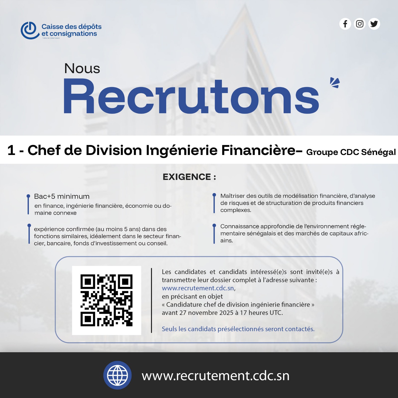 Chef de Division Ingénierie Financière- Groupe CDC Sénégal